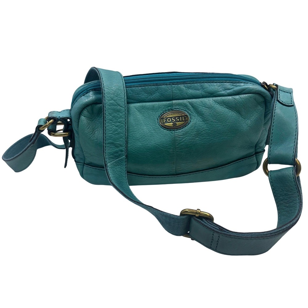Fossil Teal Blue Pebbled Leather Crossbody Bag Brass Hardware Small Purse